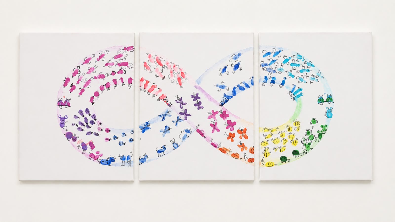 Infinito: trittico su tela in cui il simbolo dell’infinito è composto da centinaia di impronte digitali colorate, trasformate in piccoli animali.